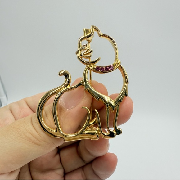 JJ Cat Gold Tone Outline Cutout Rhinestone Collar Brooch - Picture 3 of 8